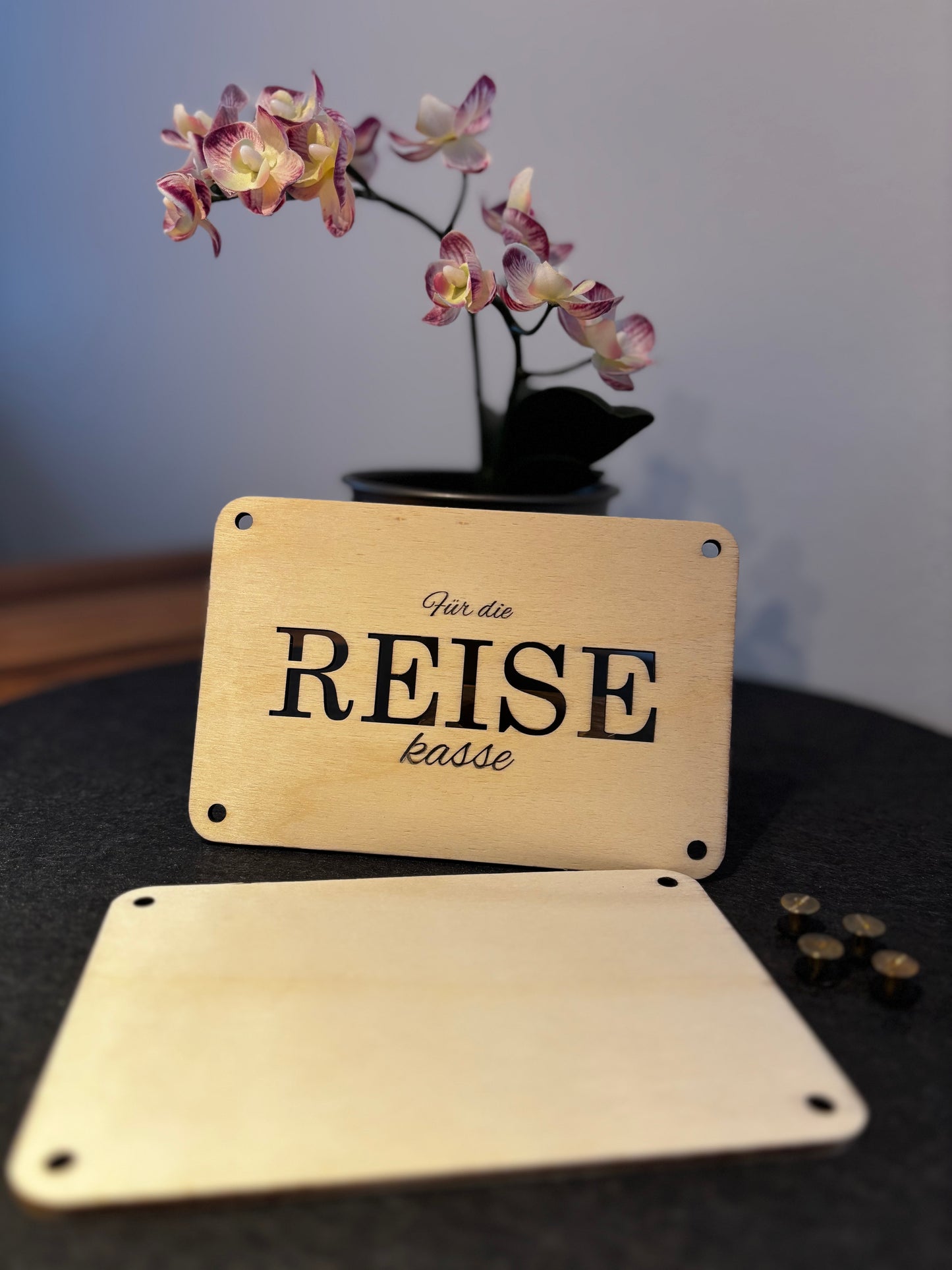 Geldgeschenk-Karte aus Holz – „Für die Reisekasse“