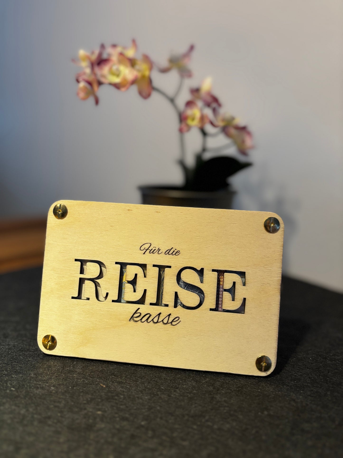 Geldgeschenk-Karte aus Holz – „Für die Reisekasse“