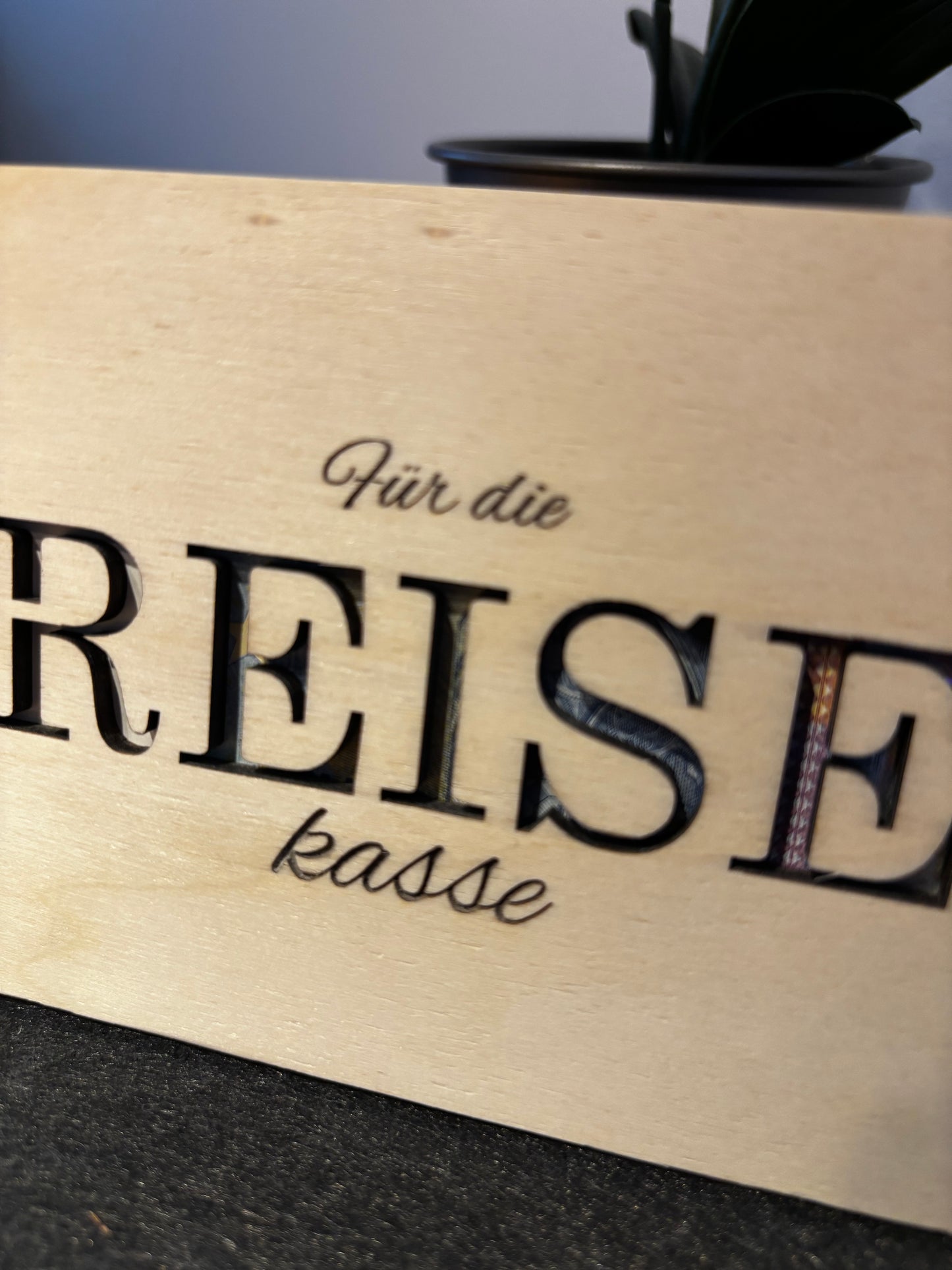 Geldgeschenk-Karte aus Holz – „Für die Reisekasse“
