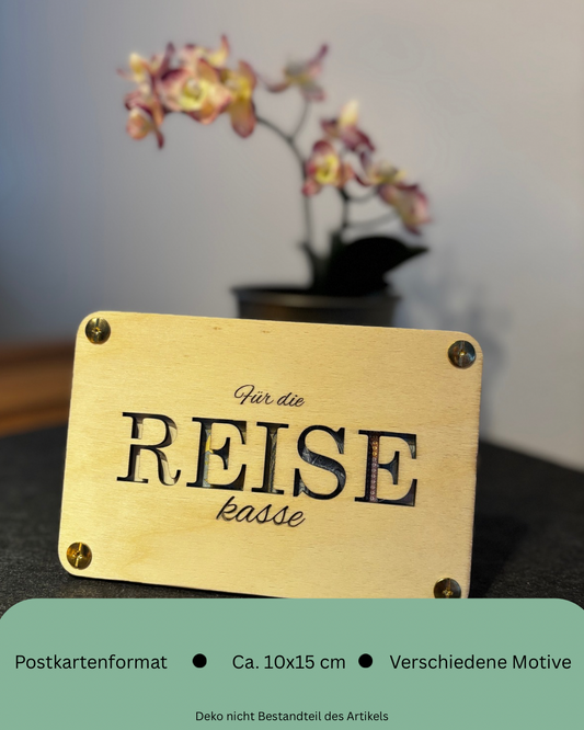 Geldgeschenk-Karte aus Holz – „Für die Reisekasse“