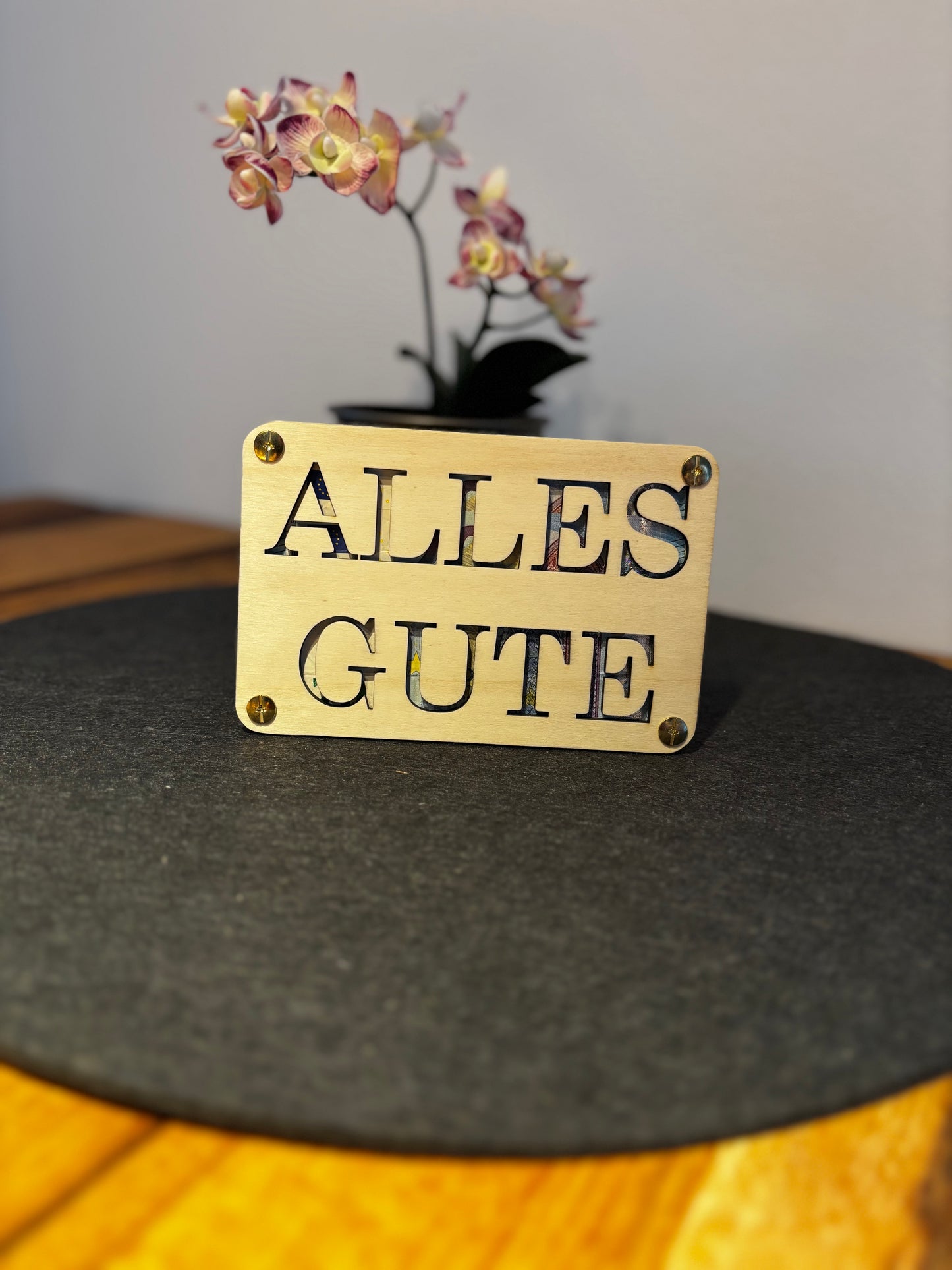 Geldgeschenk-Karte aus Holz – „Alles Gute“